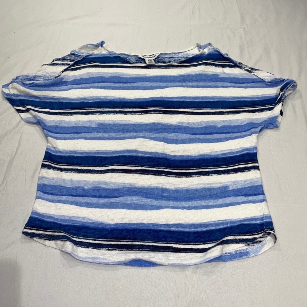 Tommy Bahama Womens Blue White Striped 100% Linen Short Sleeve Top Size Medium